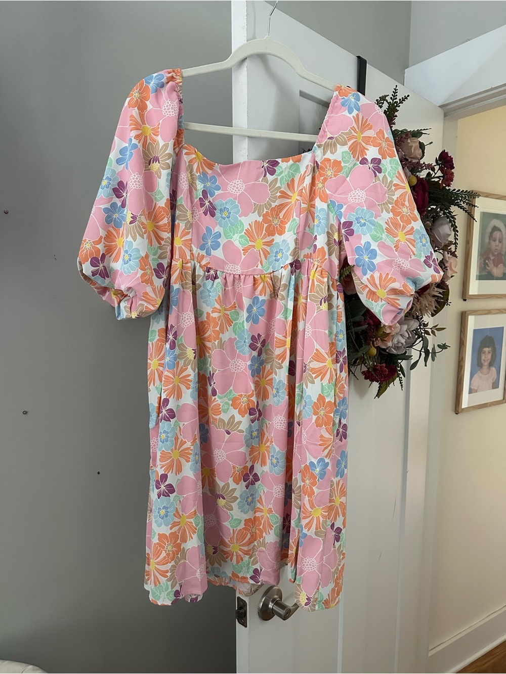 Floral Puff-Sleeve Casual Dress in Pink